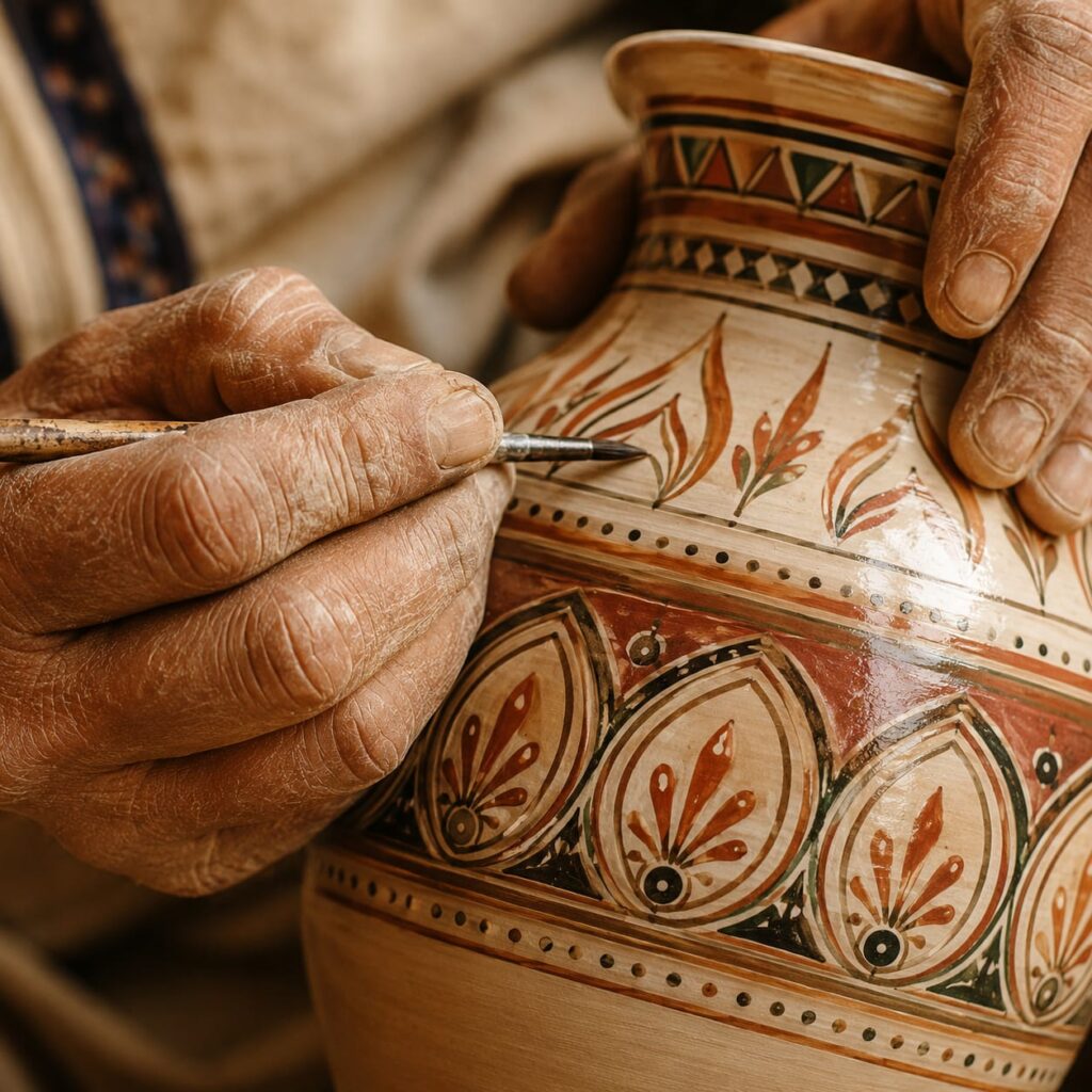 Zoom sur des mains entrain de peindre une céramique typique de l'artisanat algérien